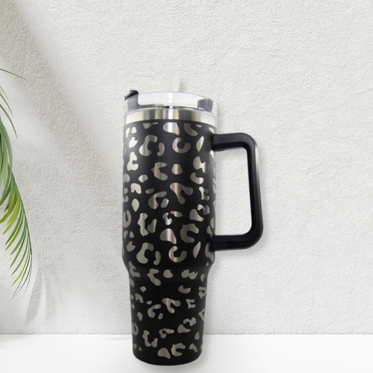 Black METALLIC Leopard Tumbler Cup with Handle