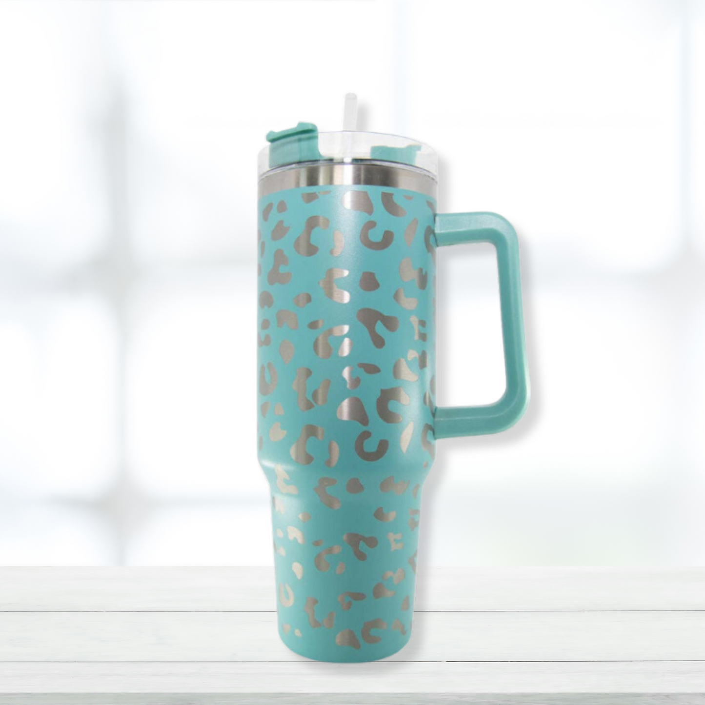 Mint METALLIC Leopard 40oz Tumbler Cup with Handle