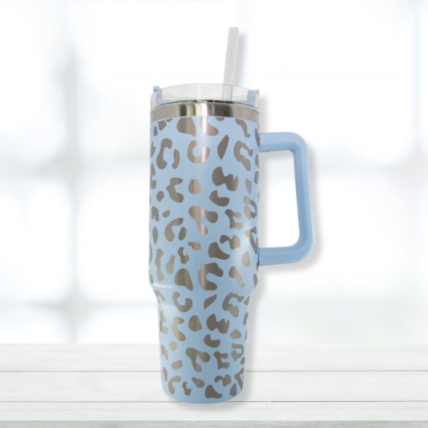 Light Blue METALLIC Leopard 40oz Tumbler Cup with Handle