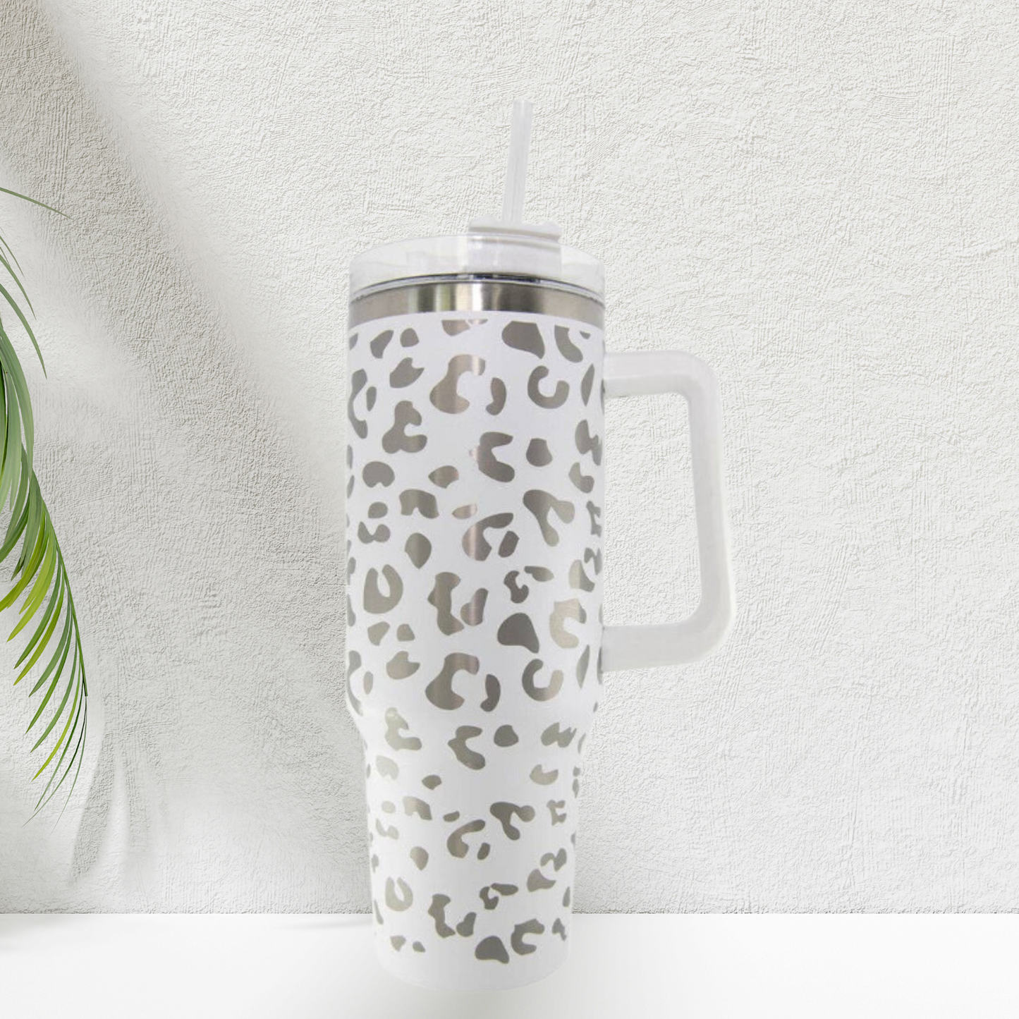 White METALLIC Leopard Tumbler Cup with Handle