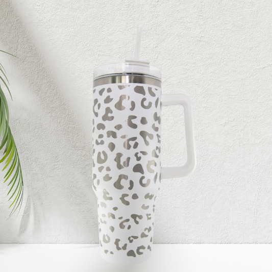 White METALLIC Leopard Tumbler Cup with Handle