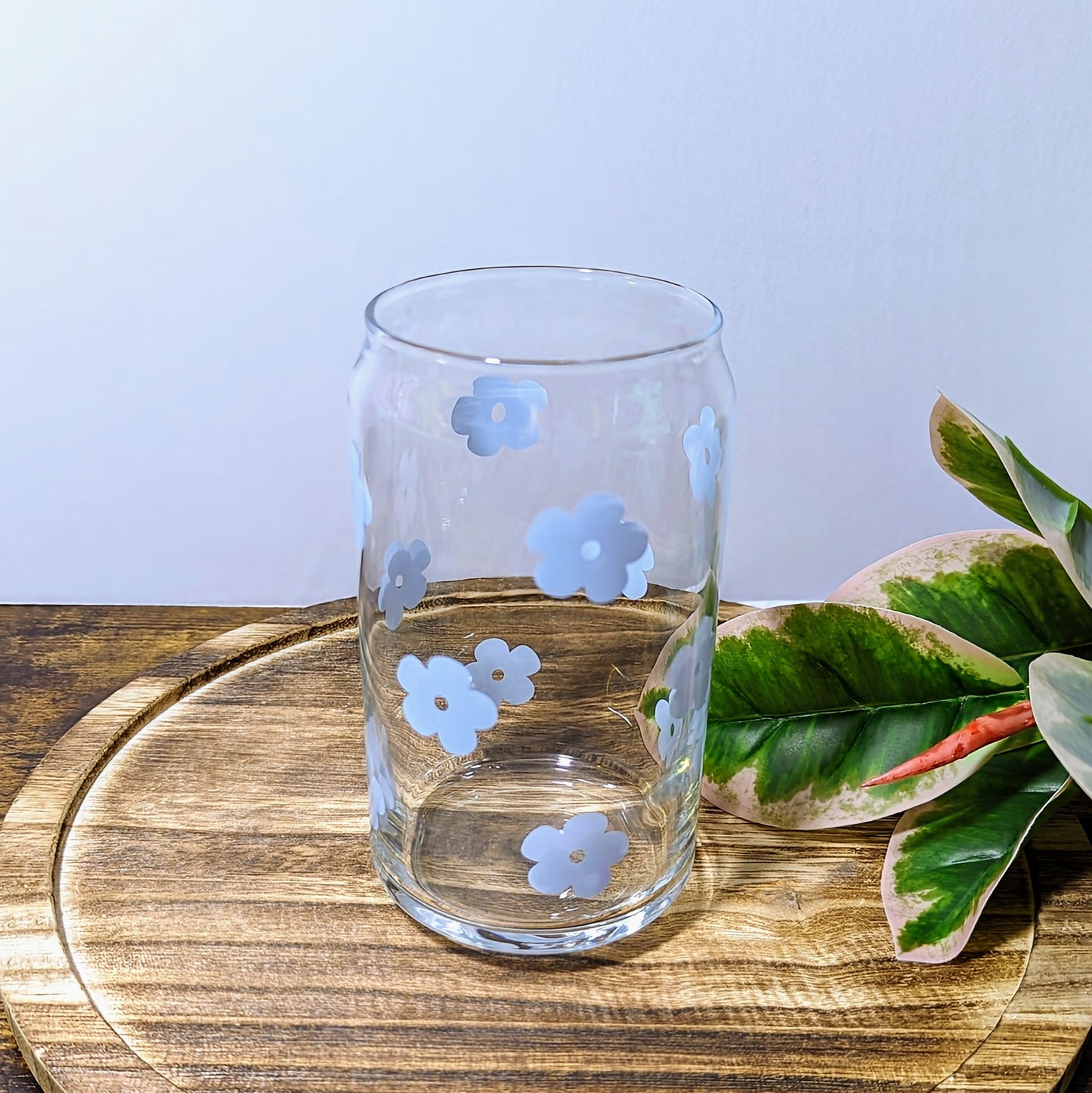 Blue Retro Flower 16 oz Can Glass Cup (Dishwasher Safe)