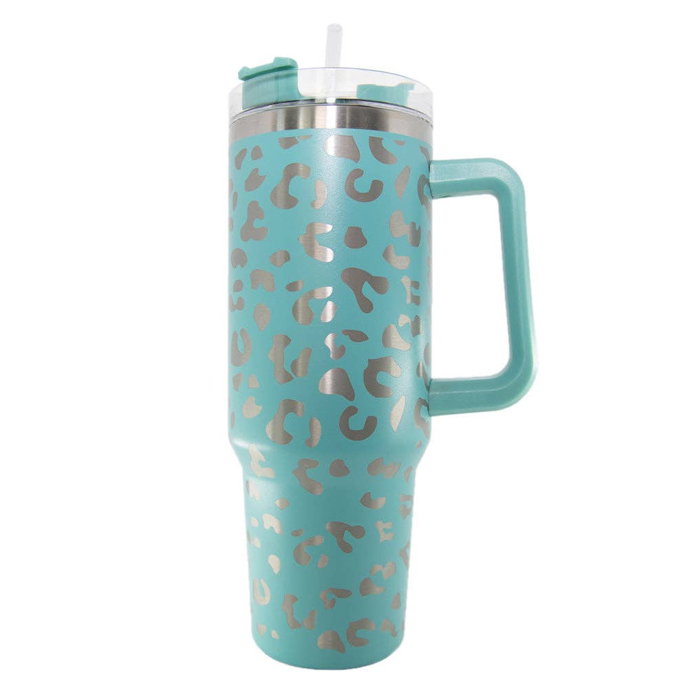 Mint METALLIC Leopard 40oz Tumbler Cup with Handle