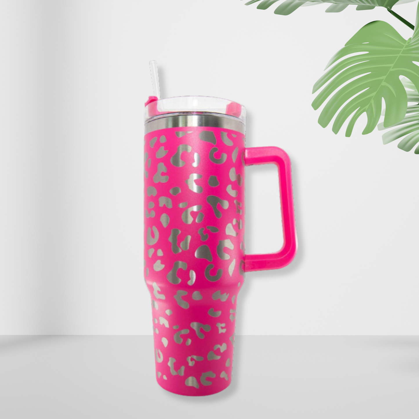 Hot Pink METALLIC Leopard 40oz Tumbler Cup with Handle