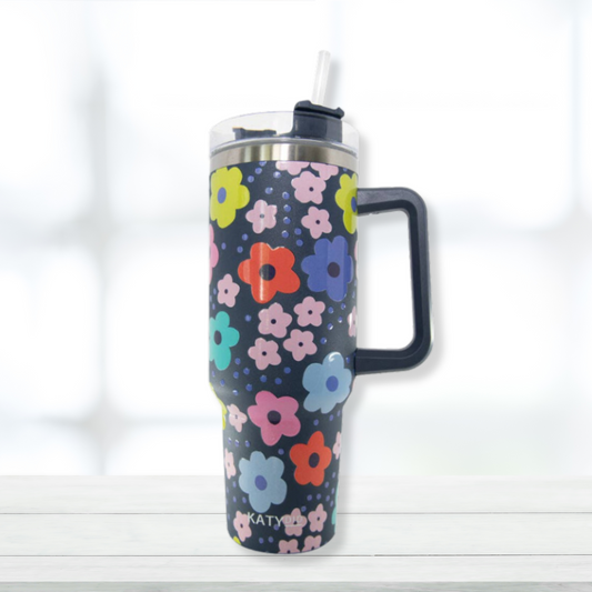 Navy Daisy 40oz Tumbler Cup with Handle