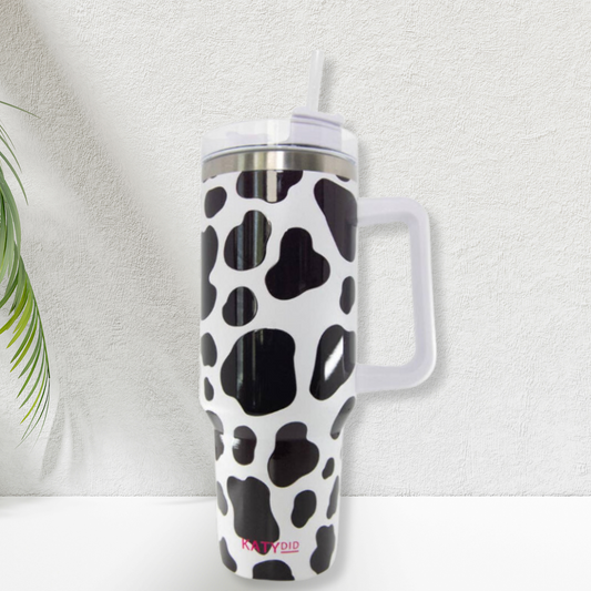 Black/White Cow Print Tumbler Cup with Handle