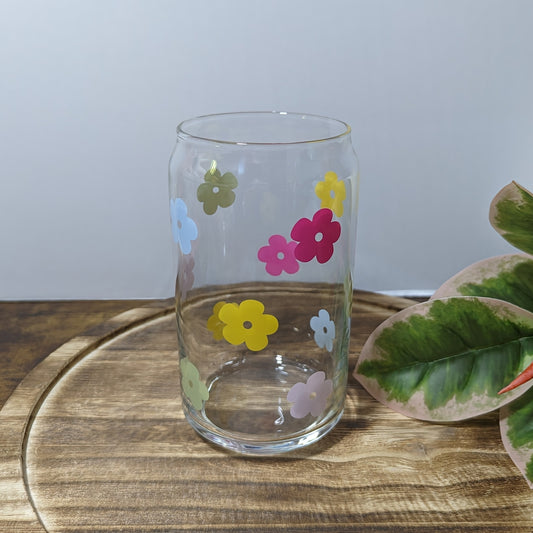 Multi Colored Retro Flower 16 oz Can Glass Cup (Dishwasher Safe)